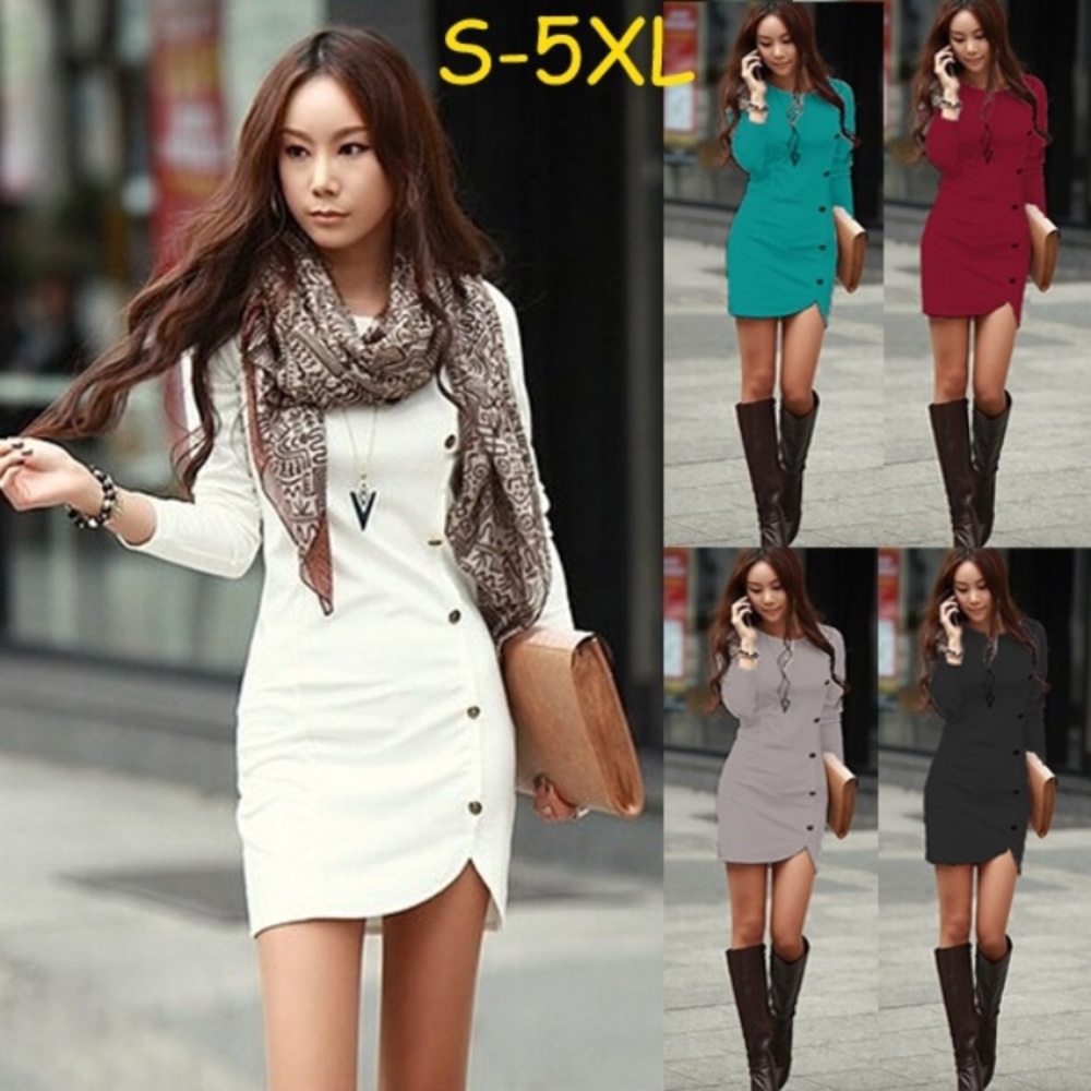 Gray Medium Elegant Winter Long Sleeve Button Dres
